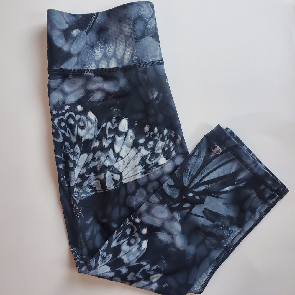 Champion SmoothTec Capri Legging Tights Black Gray Butterfly Print Activewear M